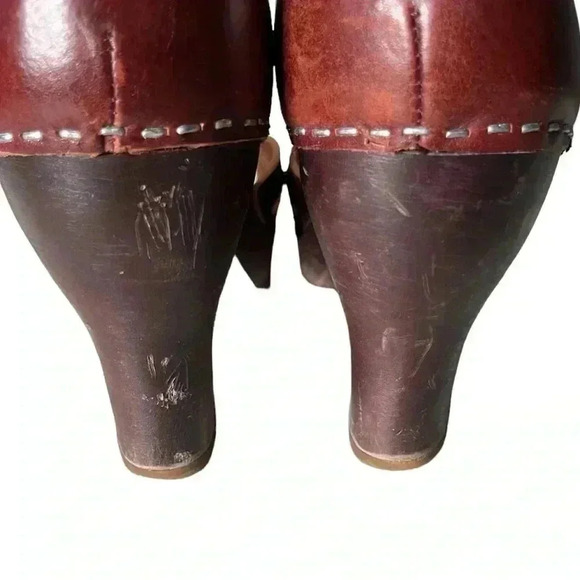 SWEEDISH HASBEENS TOFFEL T-strap High Clogs Slingbacks Leather Brown Heel Size 6 - Picture 8 of 8